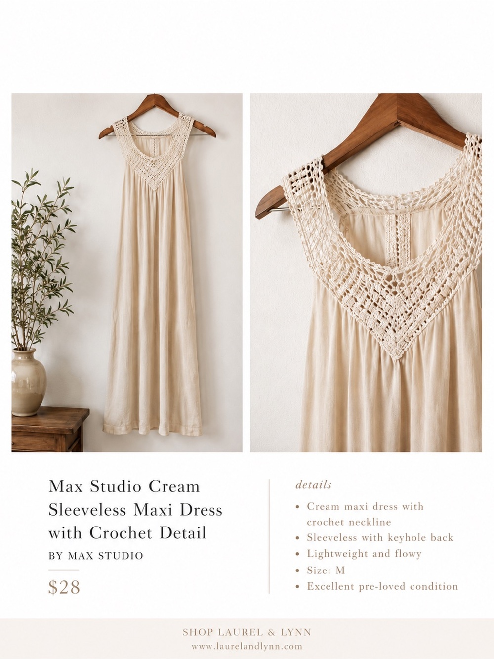 Max Studio Cream Crochet Maxi Dress Boho Cottagecore Sleeveless Size 2